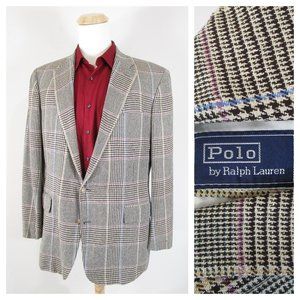 Vintage Polo Ralph Lauren Gray Glen Plaid Check Wool Tweed Sport Coat Size 43L